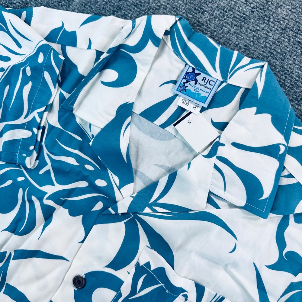RJC Sportswear Youth 16 Hawaiian Camp Shirt Teal White Monstera Leaf‎ 100% Rayon